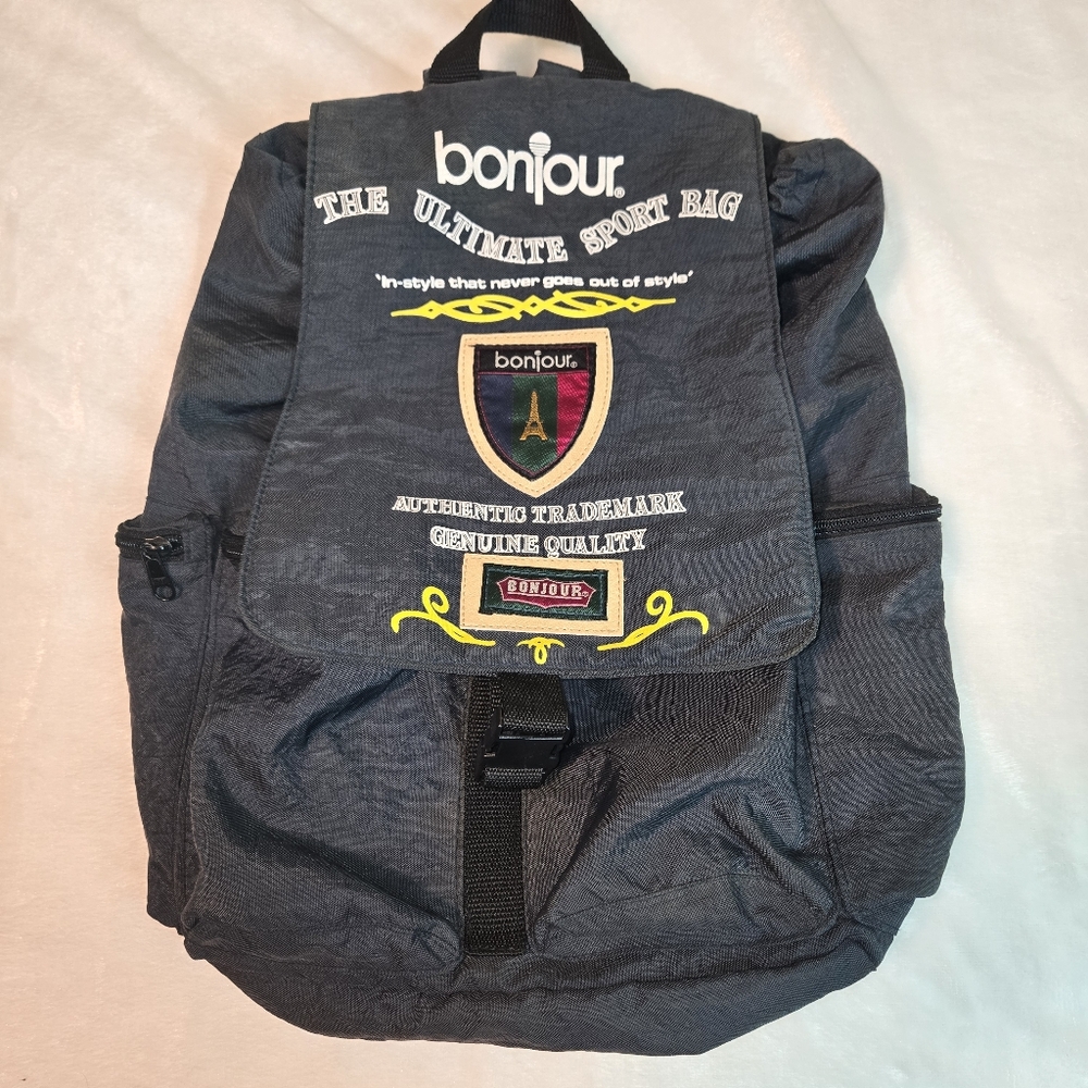 Bonjour The Ultimate Sport‎ Bag Vintage Backpack Blue Rucksack Embroidered Crest